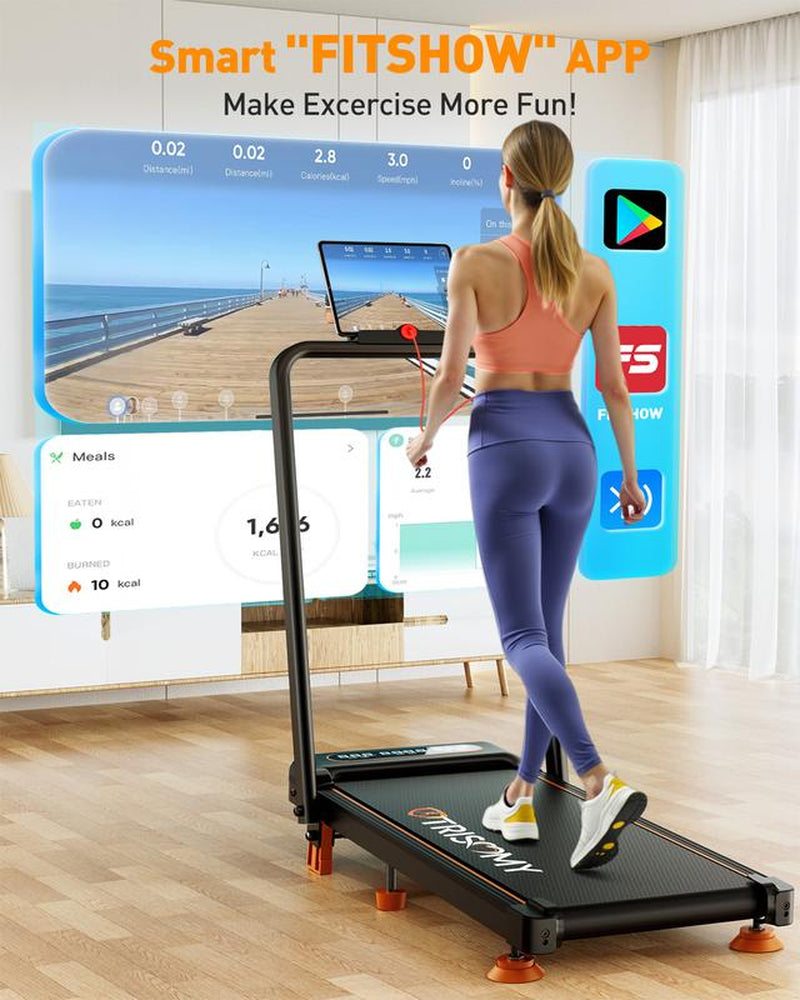 Trisomy Treadmill 4 in 1 Smart Foldable Handle Walking Pad Fitness Equipment with Adjustable 15° Incline, APP, Remote Control and Wheels Suitable for Home and Office