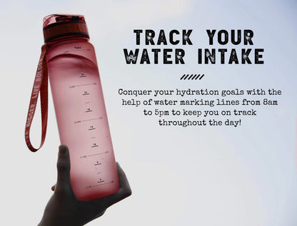 Gym Water Bottle with Time Marker Fruit Infuser and Shaker 34 Oz Burgundy
